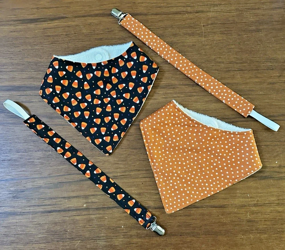 2 Handmade Baby Bib Gift Set Bib & Pacifier Clip Candy Corn Polka Dot